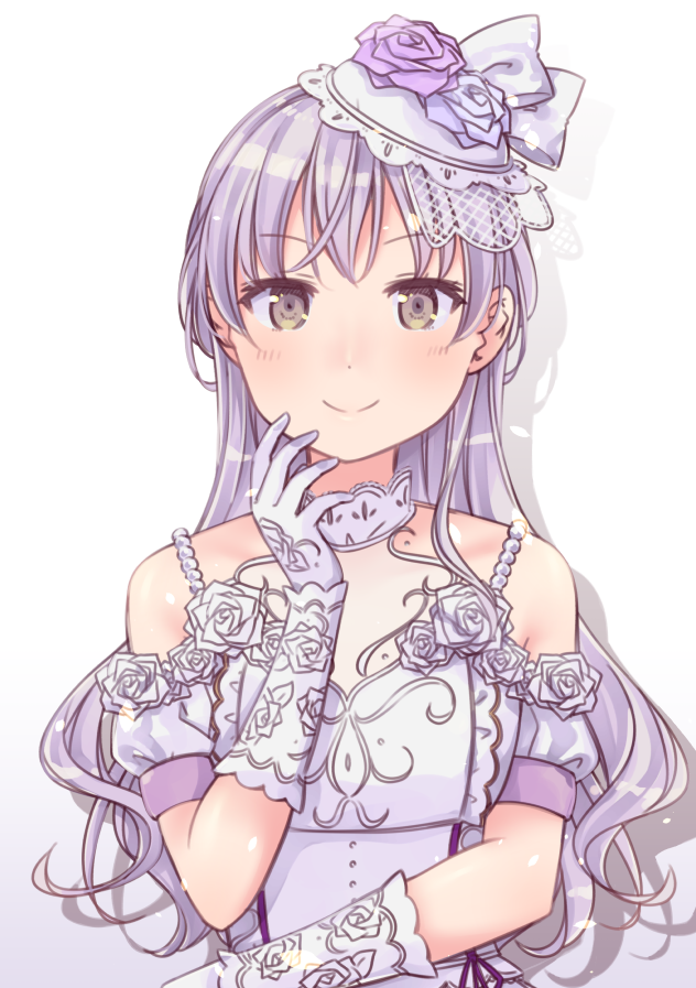 &gt;:) 1girl ayasaka bang_dream! bangs blue_flower bow brown_eyes commentary_request dress elbow_gloves flower gloves hand_on_own_chin hat hat_flower long_hair looking_at_viewer minato_yukina pearl_(gemstone) purple_flower rose short_sleeves silver_hair smile solo upper_body wedding_dress white_background white_bow white_flower white_gloves white_rose