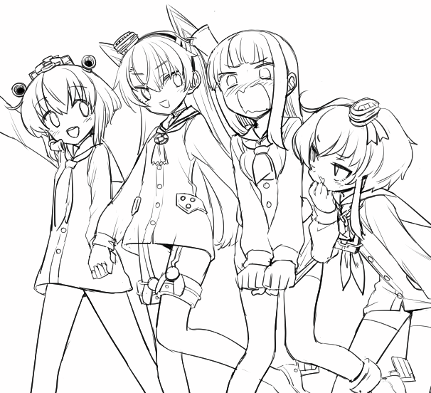 4girls adapted_costume amatsukaze_(kantai_collection) commentary_request dress dress_pull embarrassed feet_out_of_frame garter_straps hair_tubes hat hatsukaze_(kantai_collection) headgear headset holding_hands kantai_collection lineart long_hair mini_hat monaka_ooji monochrome multiple_girls neckerchief open_mouth rudder_footwear sailor_collar sailor_dress sailor_shirt shirt short_dress short_hair simple_background speaking_tube_headset thigh-highs tokitsukaze_(kantai_collection) two_side_up wavy_mouth yukikaze_(kantai_collection)