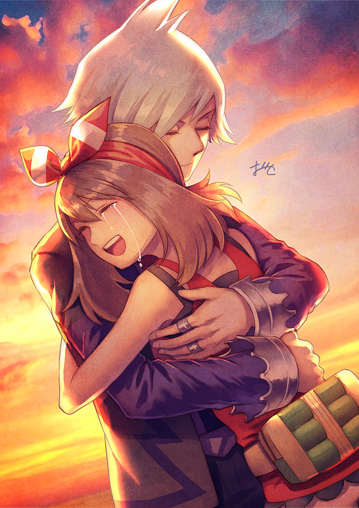 1boy 1girl :d brown_hair closed_eyes closed_mouth couple happy_tears haruka_(pokemon) hug jewelry long_hair long_sleeves ooki1089 open_mouth outdoors pokemon pokemon_(game) pokemon_oras red_shirt ring shiny shiny_hair shirt silver_hair sleeveless sleeveless_shirt smile tears tsuwabuki_daigo twilight