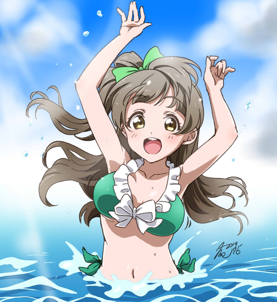 1girl :d arms_up bangs bikini bow breasts brown_hair collarbone dated day frilled_bikini frills front-tie_bikini front-tie_top green_bikini green_bow grey_hair hair_bow highres long_hair looking_at_viewer love_live! love_live!_school_idol_project medium_breasts minami_kotori one_side_up open_mouth outdoors side-tie_bikini signature smile solo swimsuit takeya_yuuki wading water_drop yellow_eyes