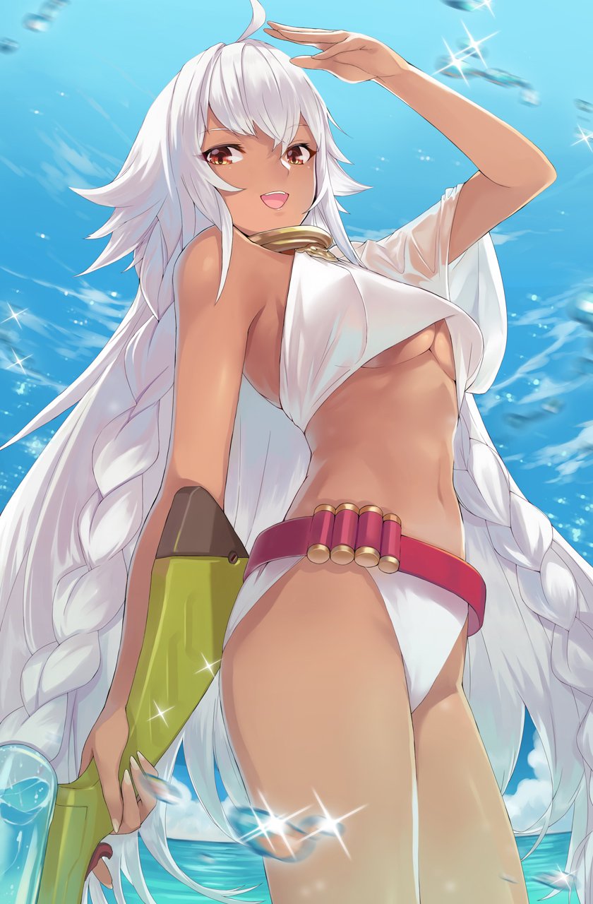 1girl bangs bare_shoulders belt bikini braid breasts collar dark_skin fate/grand_order fate_(series) gun hair_between_eyes hand_up highres lakshmibai_(fate/grand_order) legs legs_together long_hair looking_at_viewer medium_breasts metal_collar navel ohland open_mouth red_eyes rifle smile solo swimsuit thighs twin_braids under_boob very_long_hair water weapon white_bikini white_hair