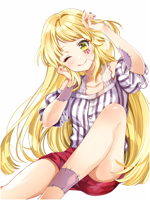 1girl ;) bang_dream! bangs black_nails blonde_hair blush collarbone commentary_request frilled_sleeves frills hands_in_hair ito22oji knee_up long_hair looking_at_viewer nail_polish one_eye_closed patchwork_skin red_shorts shirt short_shorts shorts simple_background sitting smile solo stitches striped striped_shirt tsurumaki_kokoro vertical-striped_shirt vertical_stripes white_background yellow_eyes zombie