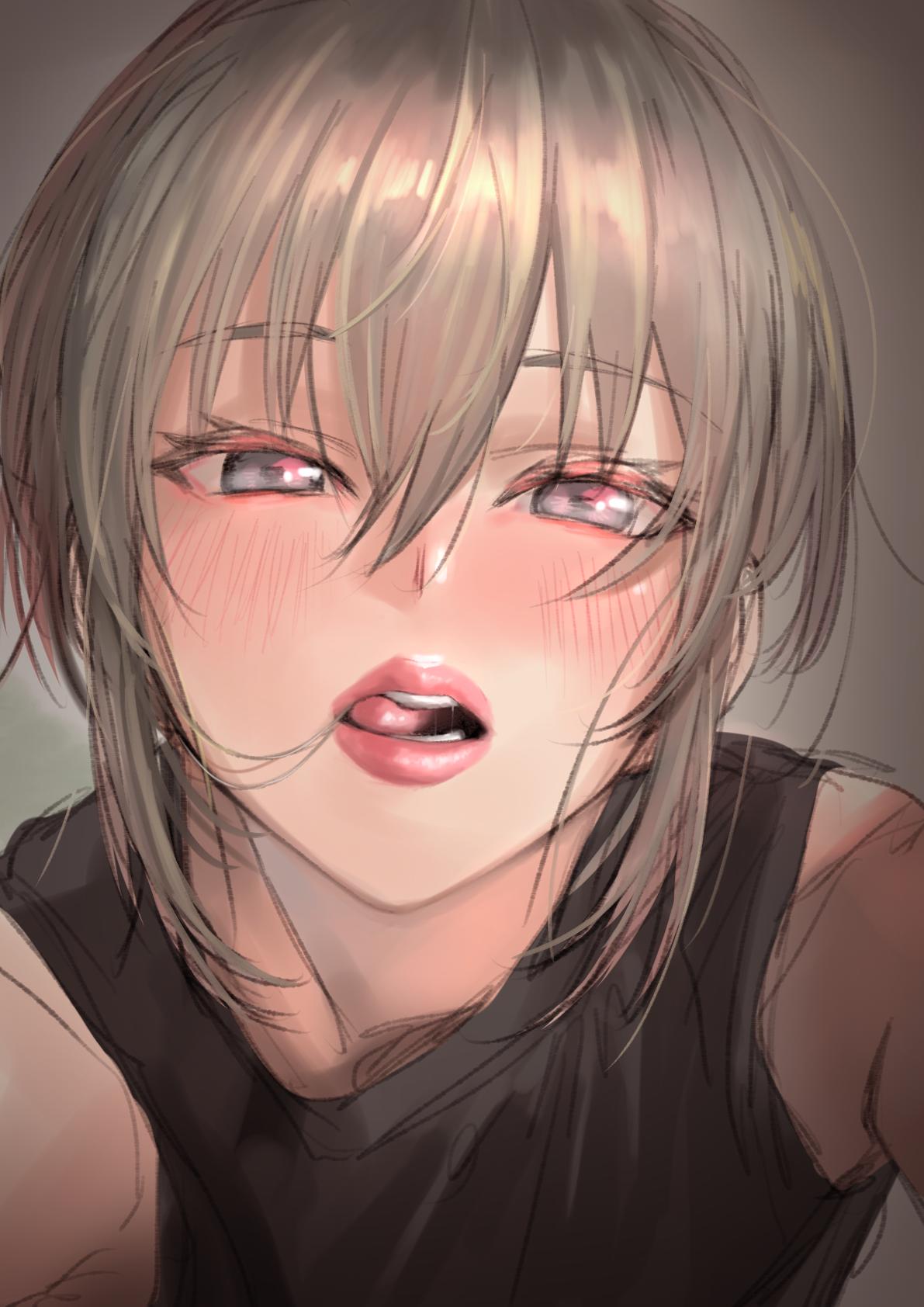 1girl bangs bare_shoulders black_shirt blush commentary_request eyebrows_visible_through_hair face grey_eyes hair_between_eyes highres kilye_4421 licking_lips looking_at_viewer open_mouth original saliva shirt short_hair silver_hair sleeveless sleeveless_shirt tongue tongue_out