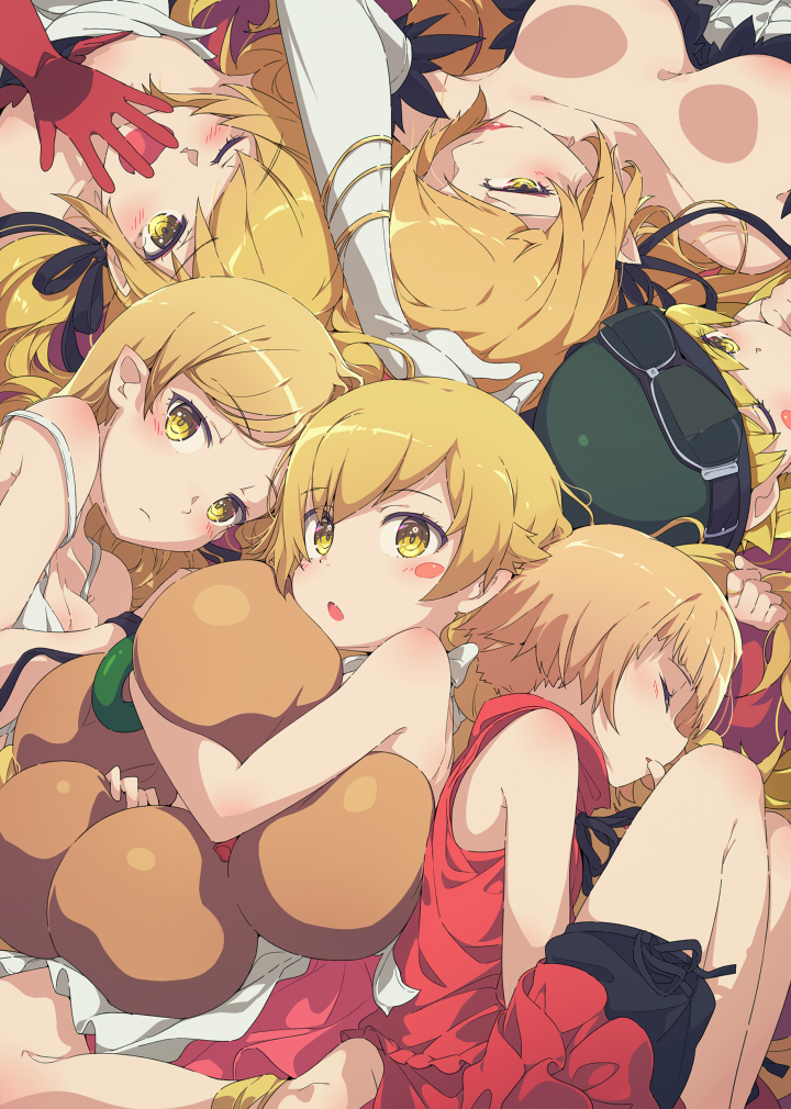 5girls back bakemonogatari bangs bare_shoulders barefoot blonde_hair blush blush_stickers breasts elbow_gloves gloves helmet kiss-shot_acerola-orion_heart-under-blade kizumonogatari long_hair looking_at_viewer monogatari_(series) multiple_girls nisemonogatari ogipote open_mouth oshino_shinobu pointy_ears red_gloves shorts sleeping stuffed_toy thumb_sucking white_gloves yawning yellow_eyes