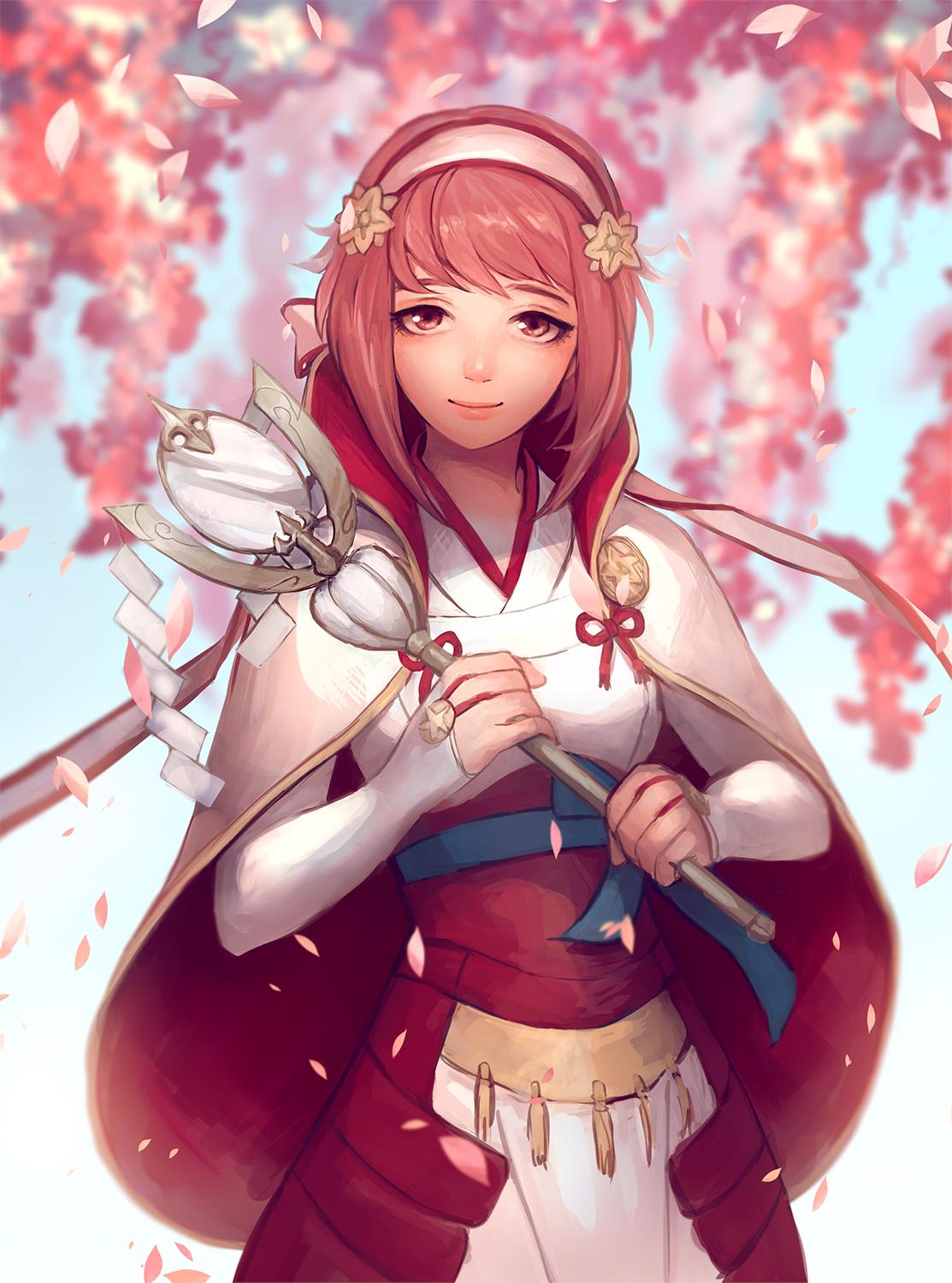 1girl closed_mouth fire_emblem fire_emblem_fates hair_ornament hairband highres holding holding_staff japanese_clothes petals pink_eyes pink_hair sakura_(fire_emblem) short_hair sinnygoto smile solo staff upper_body