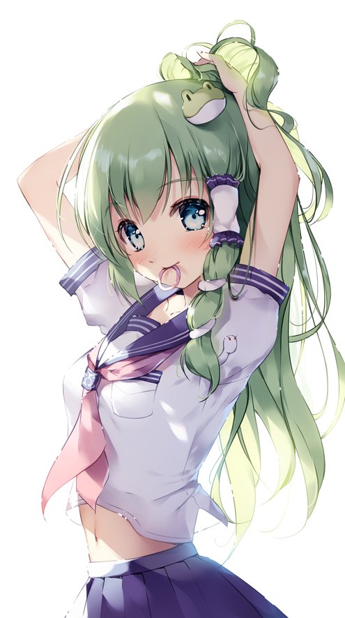 1girl alternate_costume arms_up blue_eyes blue_sailor_collar blue_skirt blush breast_pocket breasts commentary_request contemporary frog_hair_ornament green_hair hair_ornament hair_tie hair_tie_in_mouth hair_tubes kochiya_sanae long_hair looking_at_viewer midriff miyase_mahiro mouth_hold navel neckerchief pink_neckwear pleated_skirt pocket sailor_collar school_uniform serafuku short_sleeves sidelocks simple_background skirt small_breasts smile snake_hair_ornament solo touhou tying_hair upper_body white_background white_serafuku