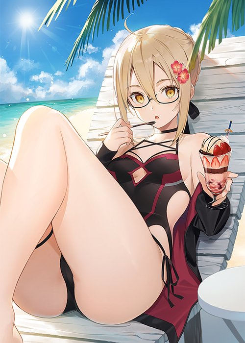 1girl ahoge artoria_pendragon_(all) ass bangs bare_shoulders beach_chair black-framed_eyewear black_choker black_jacket black_swimsuit blue_sky breasts brown_eyes brown_hair choker clouds commentary_request day fate/grand_order fate_(series) flower glasses hair_between_eyes hair_flower hair_ornament holding holding_spoon horizon jacket knees_up light_rays looking_at_viewer mysterious_heroine_x_(alter) ocean off_shoulder one-piece_swimsuit open_clothes open_jacket outdoors parfait parted_lips reclining semi-rimless_eyewear short_hair sidelocks sky small_breasts solo spoon sun sunlight swimsuit thighs tokki under-rim_eyewear