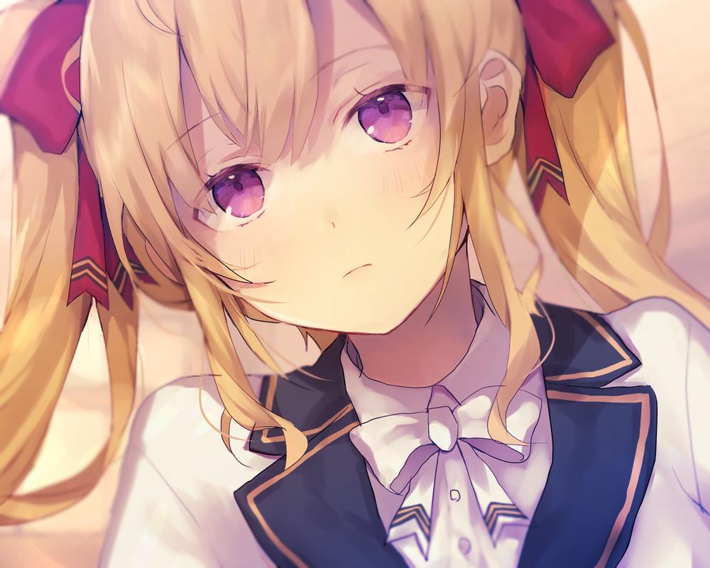 1girl blonde_hair blurry bow bowtie closed_mouth collared_shirt commentary_request expressionless hair_ribbon head_tilt long_hair looking_at_viewer nijisanji portrait red_ribbon ribbon shirt sidelocks solo takamiya_rion tnk319 twintails undershirt violet_eyes virtual_youtuber white_neckwear white_shirt wing_collar