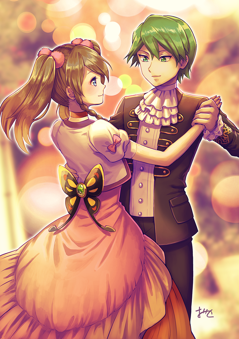 1boy 1girl black_jacket black_pants blue_eyes blurry blurry_background bow braid brown_hair closed_mouth couple dancing dress eye_contact floating_hair green_eyes green_hair hair_ornament hand_on_another's_hip haruka_(pokemon) holding_hands jacket lens_flare long_dress long_hair looking_at_another ooki1089 open_clothes open_jacket pants pink_bow pink_dress pokemon pokemon_(anime) shiny shiny_hair shirt shuu_(pokemon) single_braid smile twintails white_neckwear white_shirt