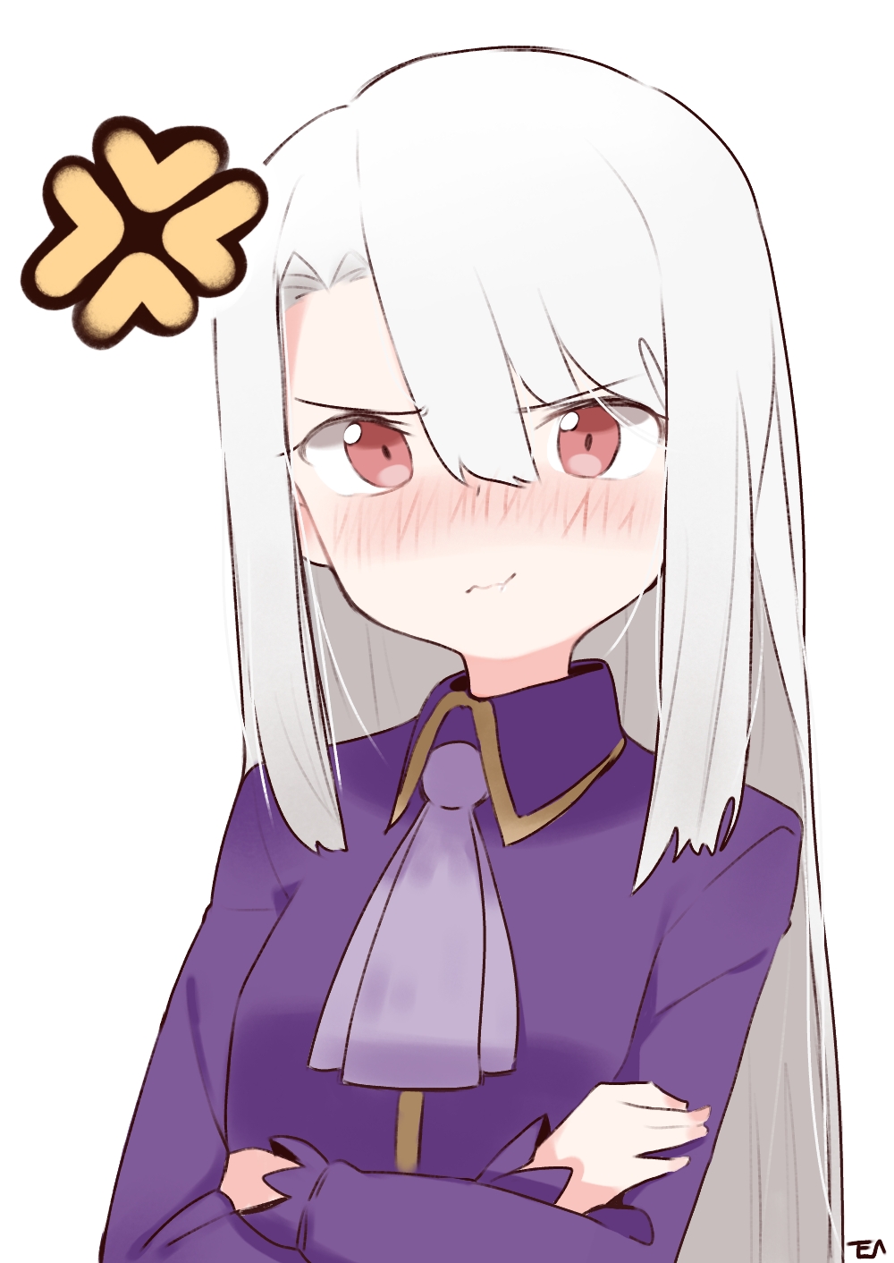 1girl anger_vein bangs blush closed_mouth collared_dress commentary_request crossed_arms dress eyebrows_visible_through_hair fate/stay_night fate_(series) grey_hair hair_between_eyes highres illyasviel_von_einzbern long_hair long_sleeves nose_blush purple_dress purple_neckwear red_eyes signature simple_background sleeves_past_wrists solo tosyeo upper_body very_long_hair wavy_mouth white_background