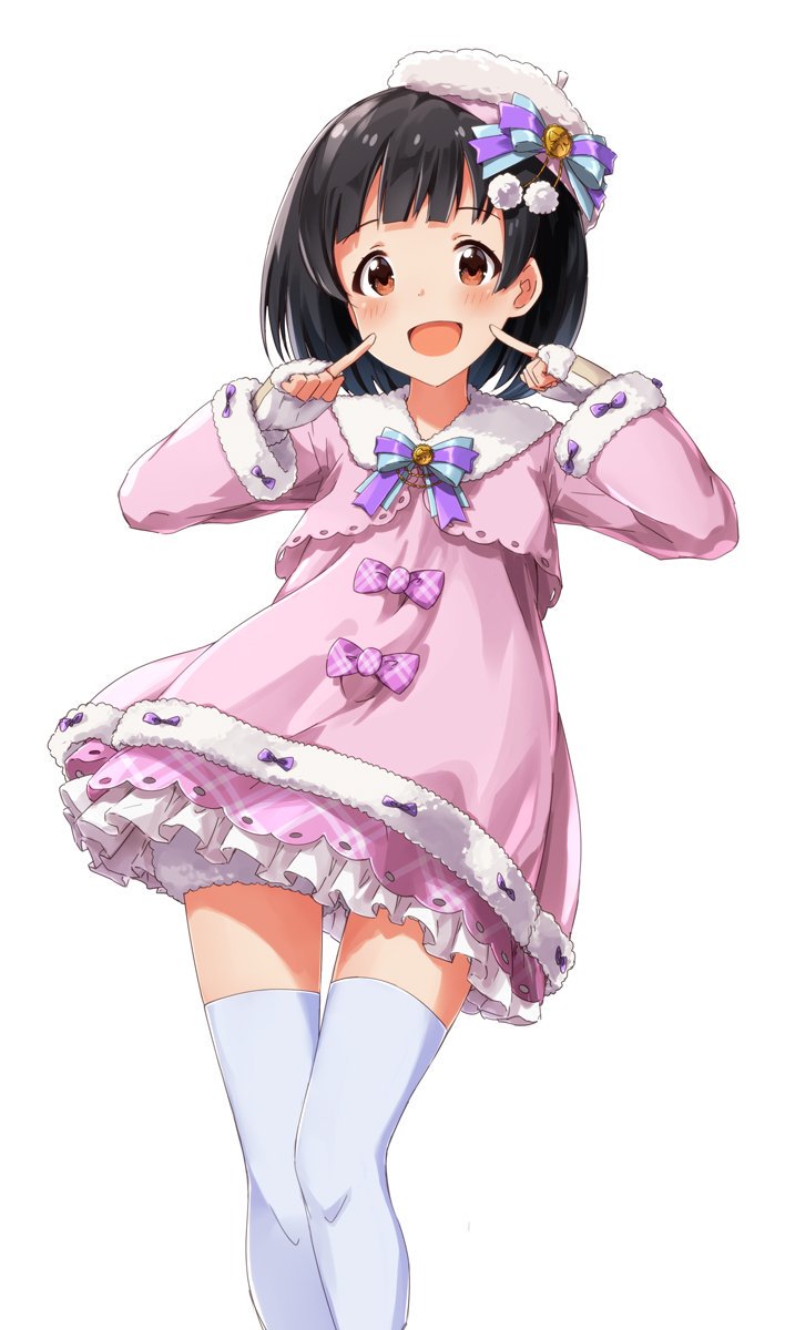 1girl bangs beret black_hair blue_bow blue_neckwear blush bow bowtie brown_eyes commentary_request dress fingerless_gloves frilled_dress frills fur-trimmed_dress fur-trimmed_gloves fur-trimmed_sleeves fur_trim gloves hat hat_bow highres idolmaster idolmaster_million_live! long_sleeves looking_at_viewer nakatani_iku pink_dress pointing pointing_at_viewer pom_pom_(clothes) purple_bow purple_neckwear short_hair simple_background solo striped striped_bow striped_neckwear suke_(momijigari) thigh-highs white_background white_headwear white_legwear