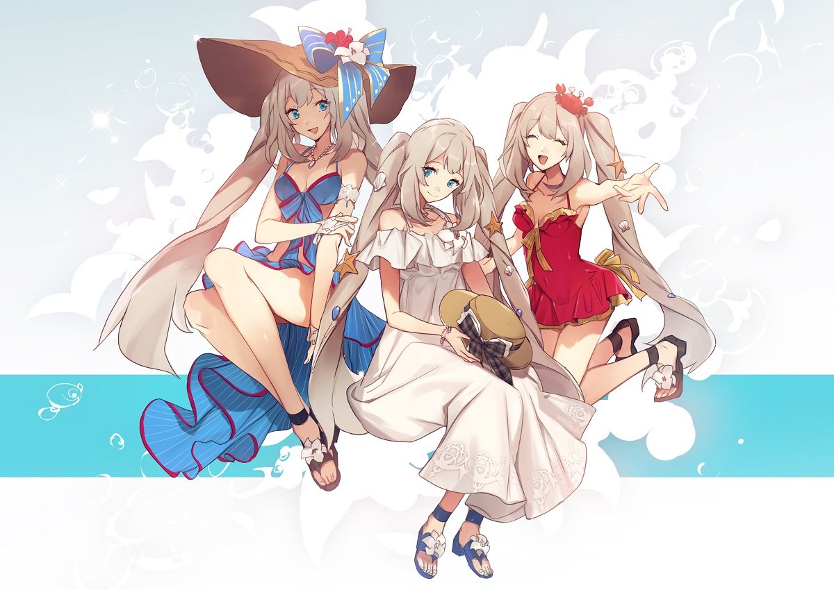 animal animal_on_head bow crab dress fate/grand_order fate_(series) hat long_hair marie_antoinette_(fate/grand_order) marie_antoinette_(swimsuit_caster)_(fate) multiple_persona no-kan on_head sandals smile sun_hat sundress swimsuit twintails very_long_hair