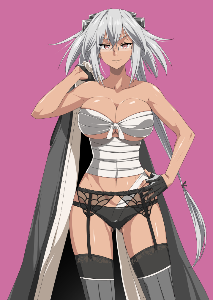 1girl ass_visible_through_thighs bandages bare_shoulders black_legwear black_panties breasts brown_eyes color_me dark_skin eyebrows_visible_through_hair eyes_visible_through_hair garter_belt garter_straps glasses gloves groin hair_ribbon hands_on_hips headgear ifuji_shinsen jacket_on_shoulders kantai_collection large_breasts long_hair looking_at_viewer midriff musashi_(kantai_collection) panties partly_fingerless_gloves pink_background ribbon sarashi silver_hair simple_background smile solo thigh-highs under_boob underwear very_long_hair