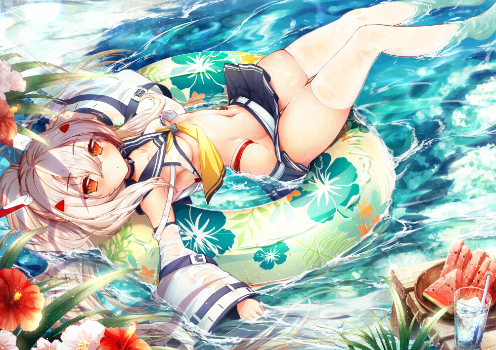 1girl ayanami_(azur_lane) azur_lane belt breasts cluseller cup day detached_sleeves drinking_straw floral_print flower food fruit innertube long_hair looking_at_viewer navel outdoors red_eyes see-through small_breasts solo thigh-highs thighs watermelon white_legwear