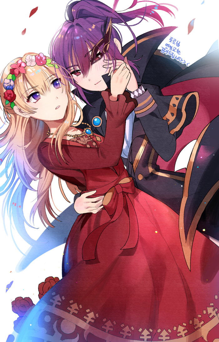 2girls arm_around_waist bang_dream! bangs black_suit blonde_hair blush cape dress head_wreath holding_hands jewelry kongya korean_text long_hair long_sleeves mask mask_on_head masquerade_mask multiple_girls necklace parted_lips petals ponytail purple_hair red_dress red_eyes seta_kaoru shirasagi_chisato sidelocks translation_request violet_eyes