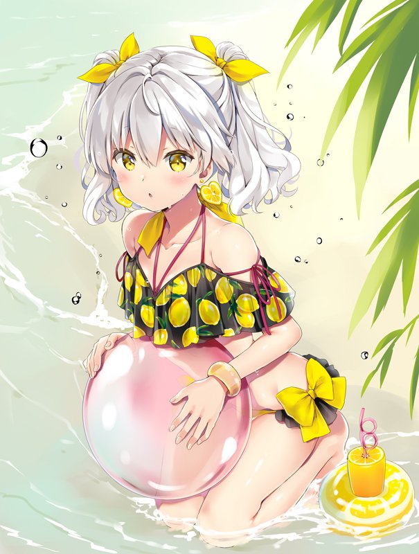 1girl :o ball bangle bangs bare_legs bare_shoulders barefoot beach beachball bikini black_bikini blush bracelet collarbone commentary_request copyright_request crazy_straw day drinking_straw hair_between_eyes hair_ribbon holding holding_ball innertube jewelry kneehighs lemon_print long_hair looking_at_viewer natsume_eri outdoors parted_lips print_bikini ribbon sand silver_hair solo swimsuit twintails water water_drop yellow_eyes yellow_ribbon