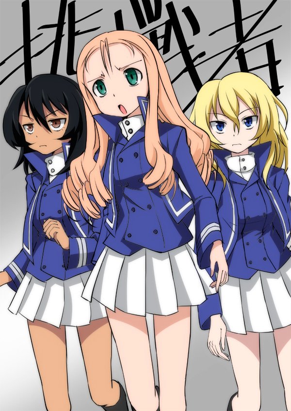 3girls andou_(girls_und_panzer) bangs bc_freedom_military_uniform black_footwear black_hair blonde_hair blue_eyes blue_jacket blue_vest boots brown_eyes closed_mouth commentary dark_skin dress_shirt drill_hair frown girls_und_panzer gofu green_eyes high_collar jacket knee_boots long_hair long_sleeves marie_(girls_und_panzer) medium_hair messy_hair military military_uniform miniskirt multiple_girls open_mouth oshida_(girls_und_panzer) pleated_skirt shirt simple_background skirt standing thighs uniform vest walking white_shirt white_skirt