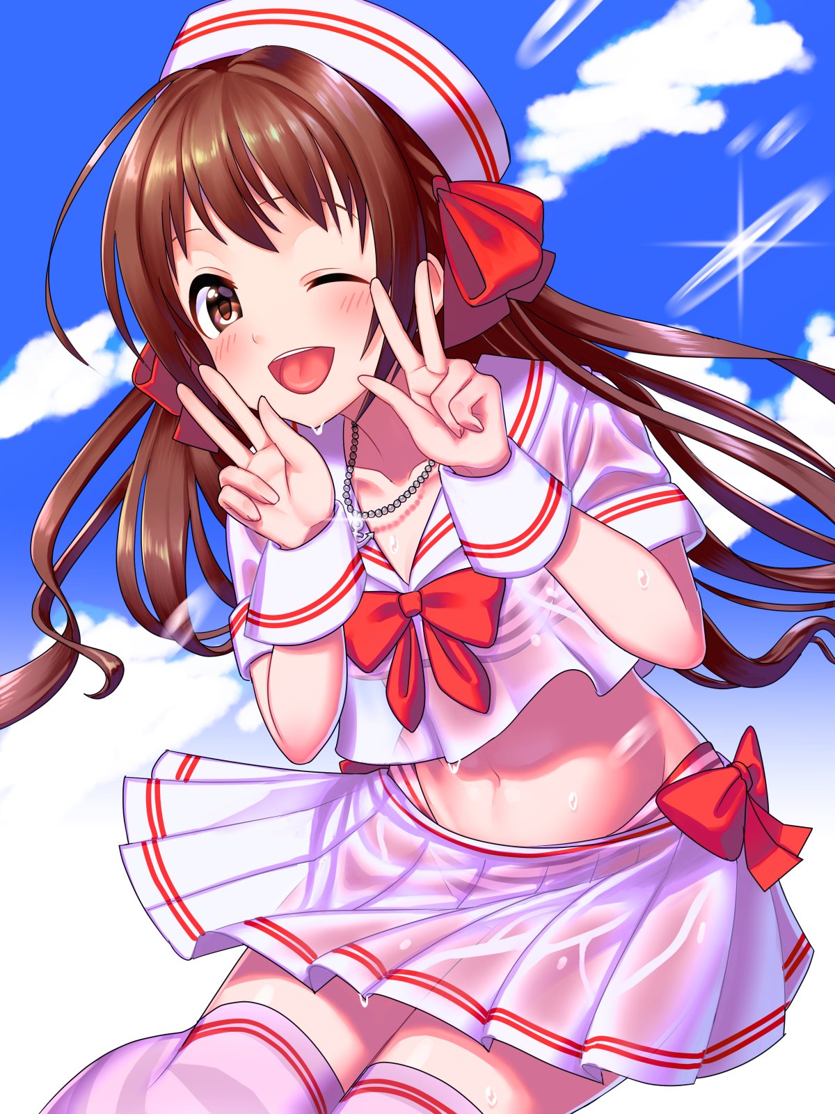 1girl ;d blue_sky blush bow bowtie brown_eyes brown_hair clouds cogara double_w floating_hair hair_bow hat highres idolmaster idolmaster_cinderella_girls idolmaster_cinderella_girls_starlight_stage jewelry long_hair looking_at_viewer midriff miniskirt navel necklace one_eye_closed open_mouth pleated_skirt red_bow red_neckwear sailor_collar see-through shimamura_uzuki shiny shiny_hair shirt short_sleeves skirt sky smile solo stomach thigh-highs very_long_hair w wet wet_clothes wet_legwear wet_shirt wet_skirt white_headwear white_legwear white_sailor_collar white_shirt white_skirt wrist_cuffs zettai_ryouiki