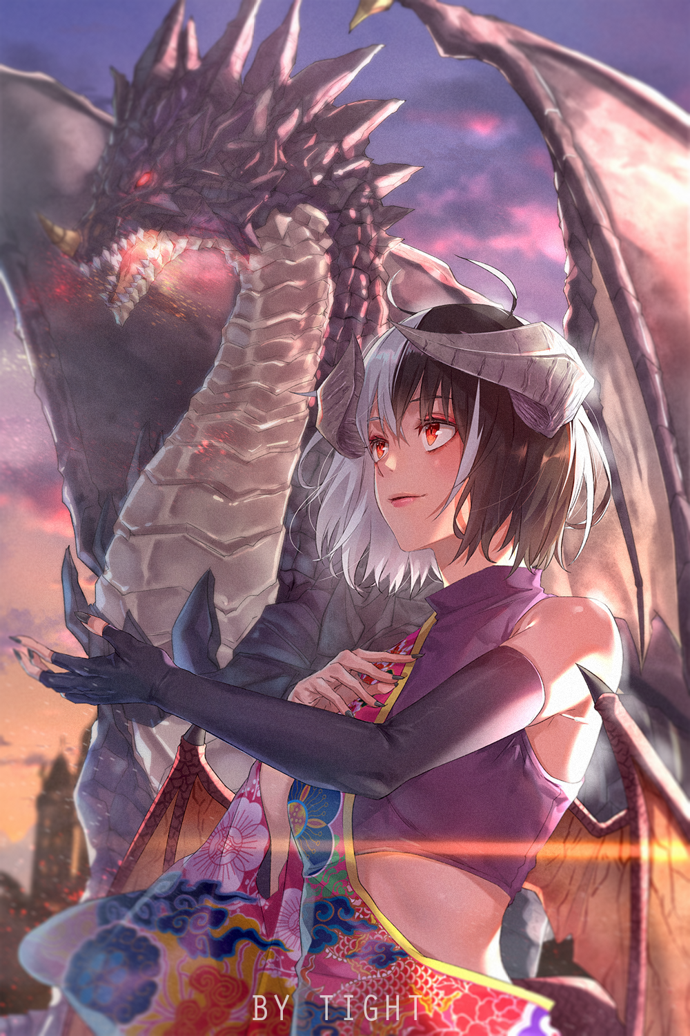 1girl artist_name asymmetrical_clothes bangs black_gloves black_hair clouds crossed_bangs dragon dragon_horns dragon_wings elbow_gloves facing_viewer fingerless_gloves gloves highres horns long_hair multicolored_hair original outdoors red_eyes single_elbow_glove solo sunset tight_(ohmygod) two-tone_hair upper_body white_hair wings