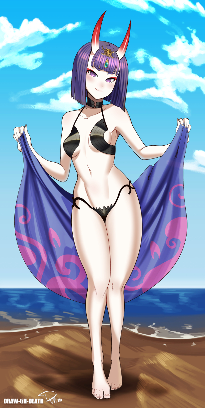 1girl bangs barefoot beach blue_sky blunt_bangs blush breasts clouds draw-till-death fate/grand_order fate_(series) hair_ornament highres horns looking_at_viewer navel ocean oni purple_hair revealing_clothes short_hair shuten_douji_(fate/grand_order) sky smile solo violet_eyes