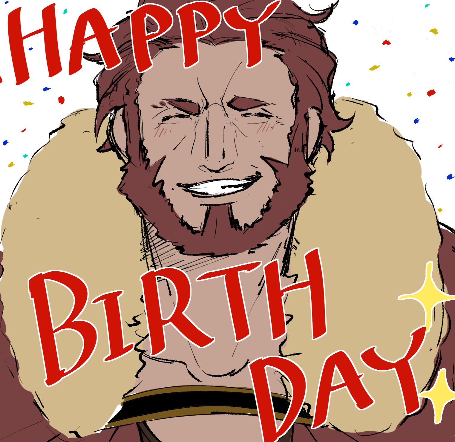 1boy armor beard birthday blush cape english_text facial_hair fate/zero fate_(series) fur_collar highres leather male_focus nazunazu_0 redhead rider_(fate/zero) simple_background sketch smile teeth upper_body