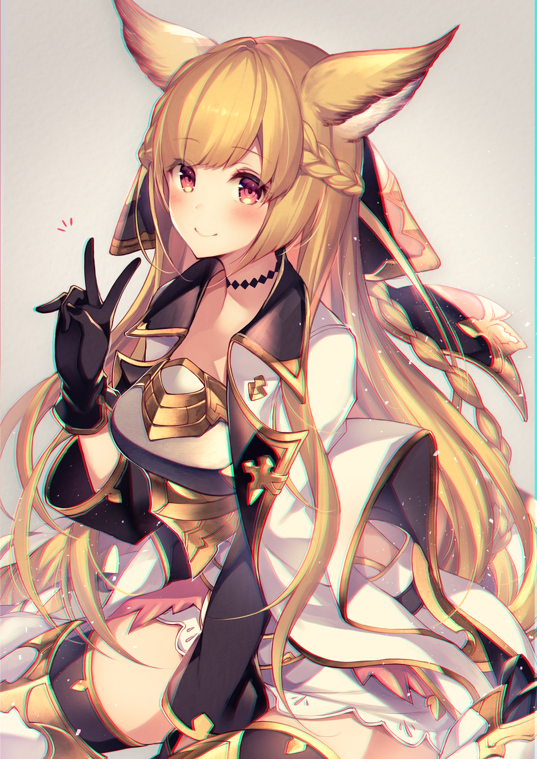 1girl animal_ears armor armored_boots bangs black_gloves blonde_hair boots braid breastplate breasts choker chromatic_aberration coat erune gloves granblue_fantasy hand_up highres homaderi long_hair long_sleeves looking_at_viewer medium_breasts notice_lines red_eyes smile solo thigh-highs v very_long_hair white_coat yuisis_(granblue_fantasy) zettai_ryouiki