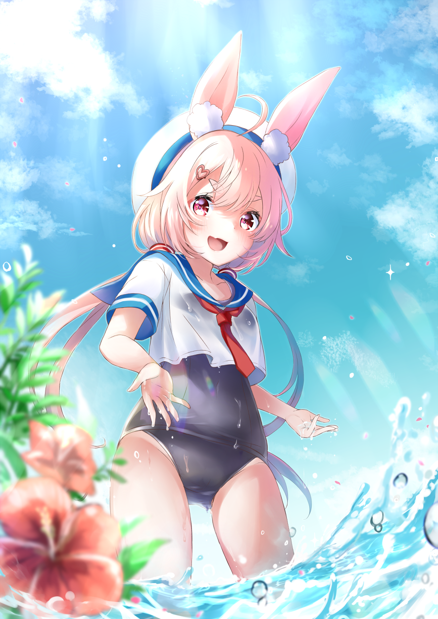 1girl ahoge animal_ear_fluff animal_ears clouds commentary_request flower hair_ornament hairclip hat highres long_hair low_twintails mashiro_aa one-piece_swimsuit open_mouth outdoors pink_eyes pink_hair rabbit_ears school_swimsuit school_uniform see-through serafuku shirt sky smile solo swimsuit thighs tomari_mari tomari_mari_channel twintails very_long_hair virtual_youtuber wading water wet wet_clothes wet_shirt white_headwear white_shirt