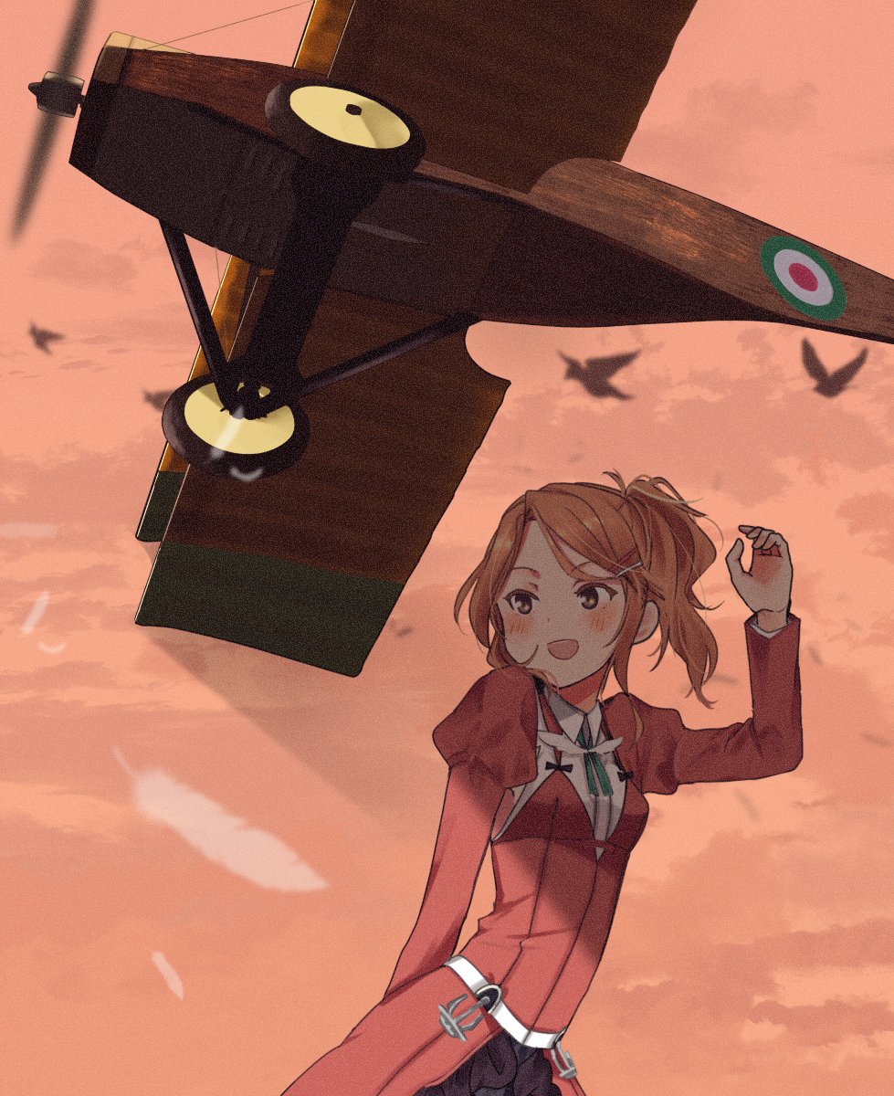 1girl aircraft aircraft_request airplane anchor annin_musou aquila_(kantai_collection) bird black_skirt brown_eyes clouds collared_shirt commentary_request cowboy_shot feathers green_ribbon hair_ornament hairclip high_ponytail highres jacket kantai_collection long_hair miniskirt open_mouth orange_hair orange_sky red_jacket ribbon shirt skirt sky smile solo wavy_hair white_shirt