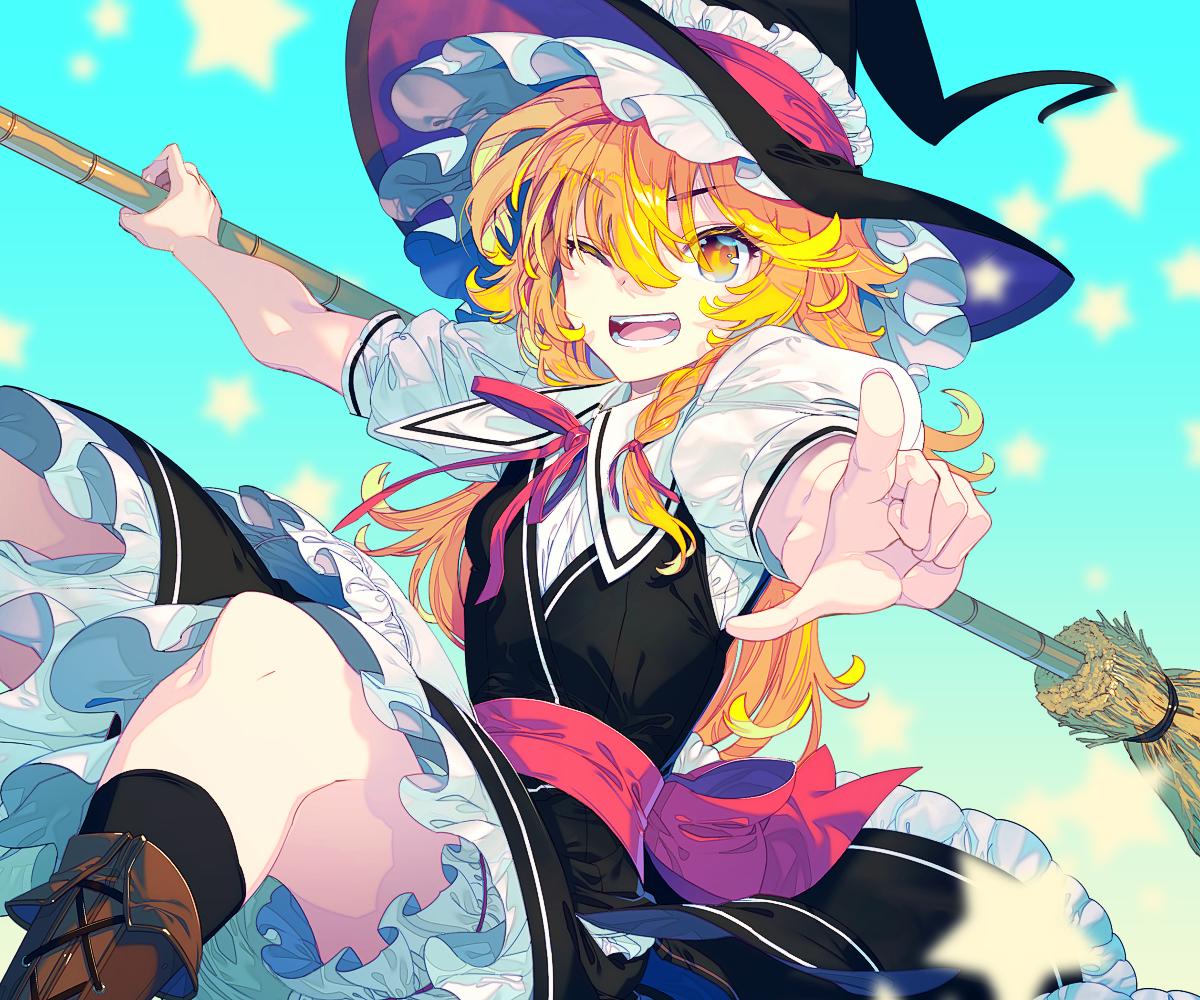 1girl apron blonde_hair boots braid broom collared_shirt eyebrows_visible_through_hair frills hat kirisame_marisa long_hair maid_apron messy_hair one_eye_closed open_mouth pointing puffy_short_sleeves puffy_sleeves shirt short_sleeves skirt star touhou witch_hat yellow_eyes zounose