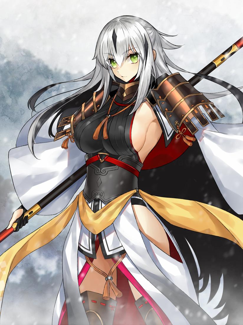 1girl armor armored_dress bangs black_armor black_gloves black_hair black_legwear black_shirt breasts capelet closed_mouth commentary_request crop_top detached_sleeves ero_waifu fate/grand_order fate_(series) gloves gorget hair_between_eyes japanese_armor kote large_breasts long_hair looking_at_viewer midriff multicolored_hair nagao_kagetora_(fate) navel partly_fingerless_gloves polearm shirt shoulder_armor side_slit sideboob skirt sode solo spear streaked_hair thigh-highs thighs two-tone_hair very_long_hair weapon white_capelet white_hair white_skirt white_sleeves wide_sleeves yellow_eyes yellow_sash