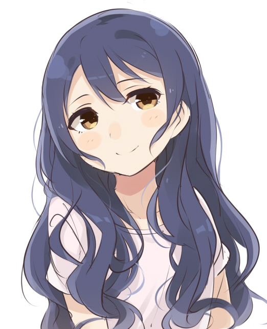 1girl alternate_hairstyle bangs blue_hair blush commentary_request hair_between_eyes long_hair looking_at_viewer love_live! love_live!_school_idol_project short_sleeves simple_background smile solo sonoda_umi totoki86 upper_body wavy_hair yellow_eyes