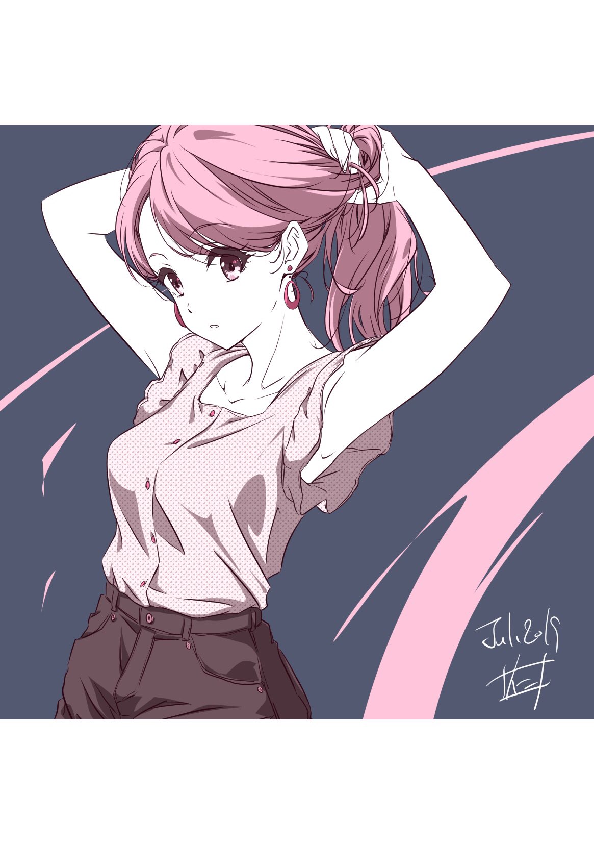 1girl 2019 armpits arms_up bangs black_pants collarbone dated earrings eyebrows_visible_through_hair grey_background grey_shirt highres jewelry long_hair nii_manabu original pants parted_lips pink_eyes pink_hair shirt short_sleeves signature solo standing swept_bangs two-tone_background tying_hair white_background