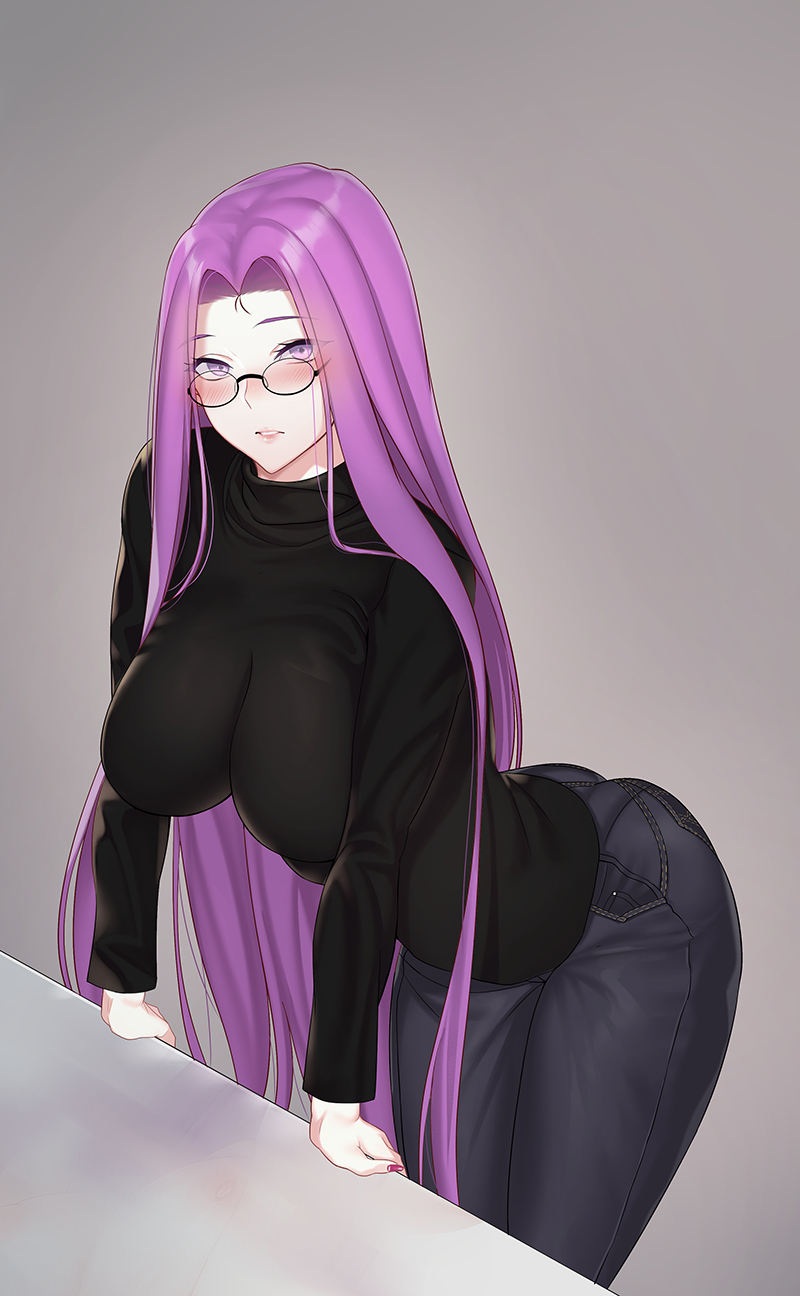 1girl ass blush breasts casual counter denim fate/grand_order fate/stay_night fate_(series) glasses grey_background highres jeans kimjunho large_breasts long_hair looking_at_viewer nail_polish pants parted_lips purple_hair rider sweater very_long_hair violet_eyes