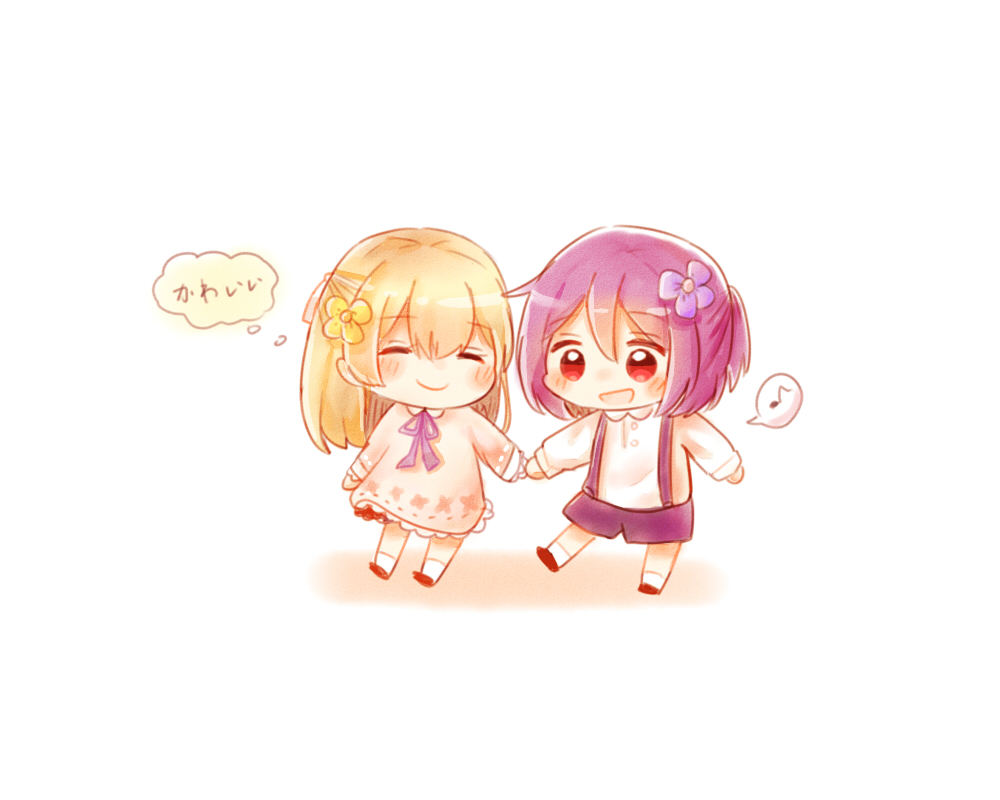 2girls bang_dream! bangs black_shorts blonde_hair child closed_eyes dress flower hair_flower hair_ornament hair_ribbon half_updo holding_hands long_sleeves multiple_girls musical_note neck_ribbon pan_(pansui) purple_flower red_eyes ribbon seta_kaoru shirasagi_chisato shirt shorts smile spoken_musical_note suspenders white_ribbon white_shirt yellow_flower younger