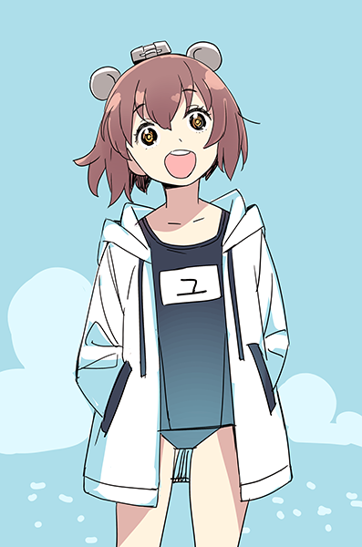 1girl black_swimsuit blue_background brown_eyes brown_hair cowboy_shot drawstring flat_chest hands_on_own_chest headgear headset hood hooded_jacket hoodie jacket kantai_collection nishieda open_mouth round_teeth school_swimsuit short_hair smile solo speaking_tube_headset standing swimsuit teeth upper_teeth white_jacket yukikaze_(kantai_collection)
