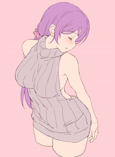 1girl backless_outfit blush breasts closed_eyes cropped_legs deyuuku dress flat_color grey_sweater hair_ornament hair_scrunchie large_breasts long_hair love_live! love_live!_school_idol_project meme_attire open_mouth pink_background pink_scrunchie scrunchie simple_background sketch sleeveless solo sweater sweater_dress toujou_nozomi turtleneck turtleneck_sweater twintails virgin_killer_sweater