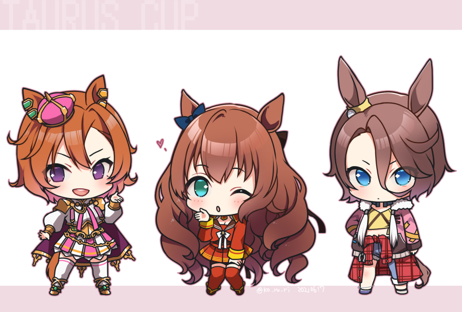 3girls animal_ears aqua_eyes blue_eyes blue_pants blush brown_eyes clothes_around_waist dated eyebrows_visible_through_hair fur-trimmed_jacket fur_trim hair_between_eyes hat heart horse_ears horse_girl horse_tail jacket koruri long_hair long_sleeves maruzensky_(umamusume) mini_hat multiple_girls narita_taishin_(umamusume) open_clothes open_jacket open_mouth pants pink_headwear pink_jacket pleated_skirt red_legwear red_skirt short_hair skirt smile t_m_opera_o_(umamusume) tail thigh-highs twitter_username umamusume violet_eyes white_legwear