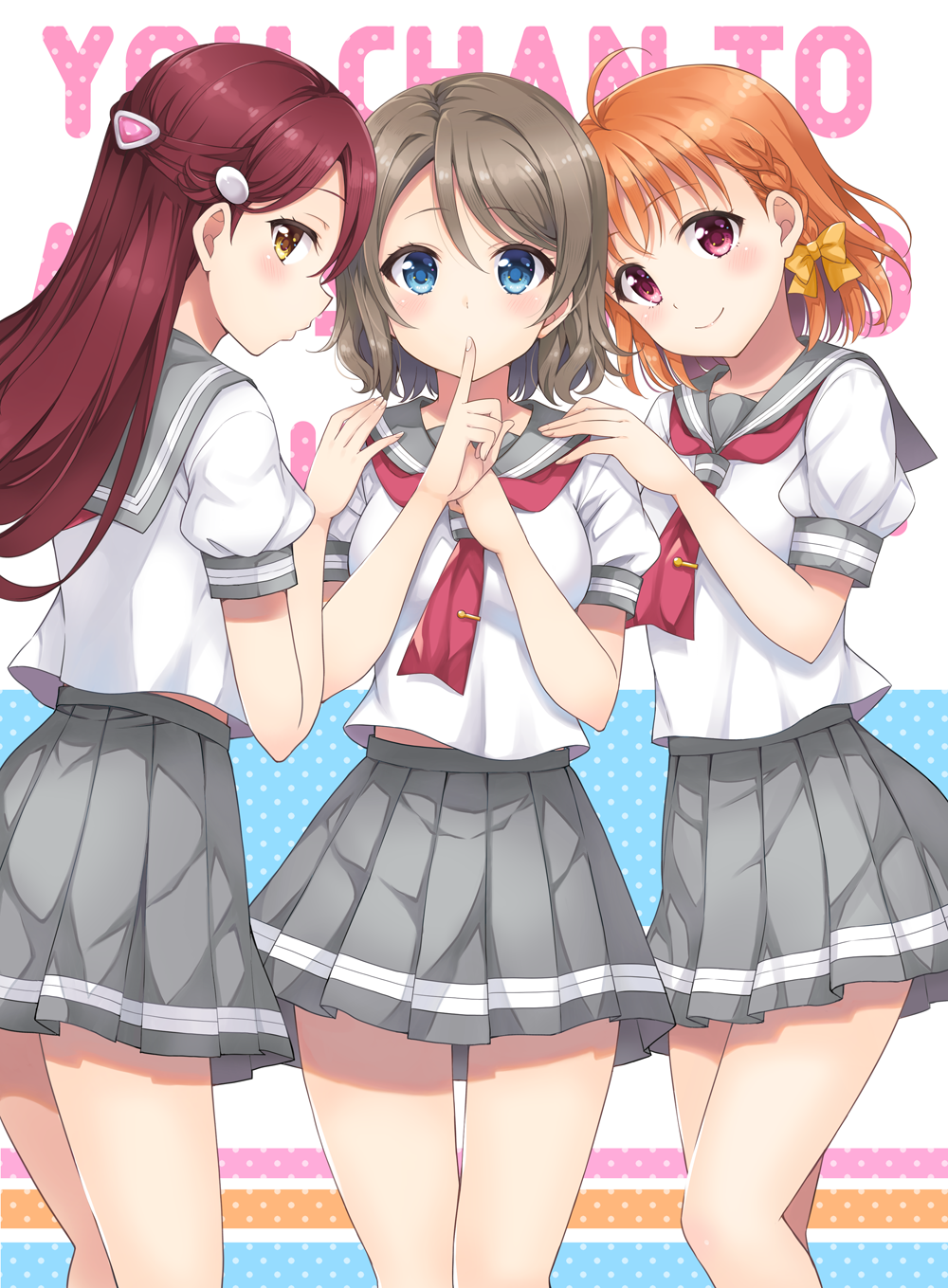 3girls ahoge bangs blue_eyes blush bow braid finger_to_mouth grey_hair grey_skirt hair_bow hair_ornament hairclip half_updo hand_on_another's_shoulder highres long_hair looking_at_viewer looking_back love_live! love_live!_sunshine!! miniskirt multiple_girls neckerchief orange_hair pleated_skirt red_eyes red_neckwear redhead sakurai_makoto_(custom_size) sakurauchi_riko school_uniform serafuku shirt short_hair short_sleeves side_braid skirt takami_chika tie_clip uranohoshi_school_uniform watanabe_you white_shirt yellow_bow yellow_eyes