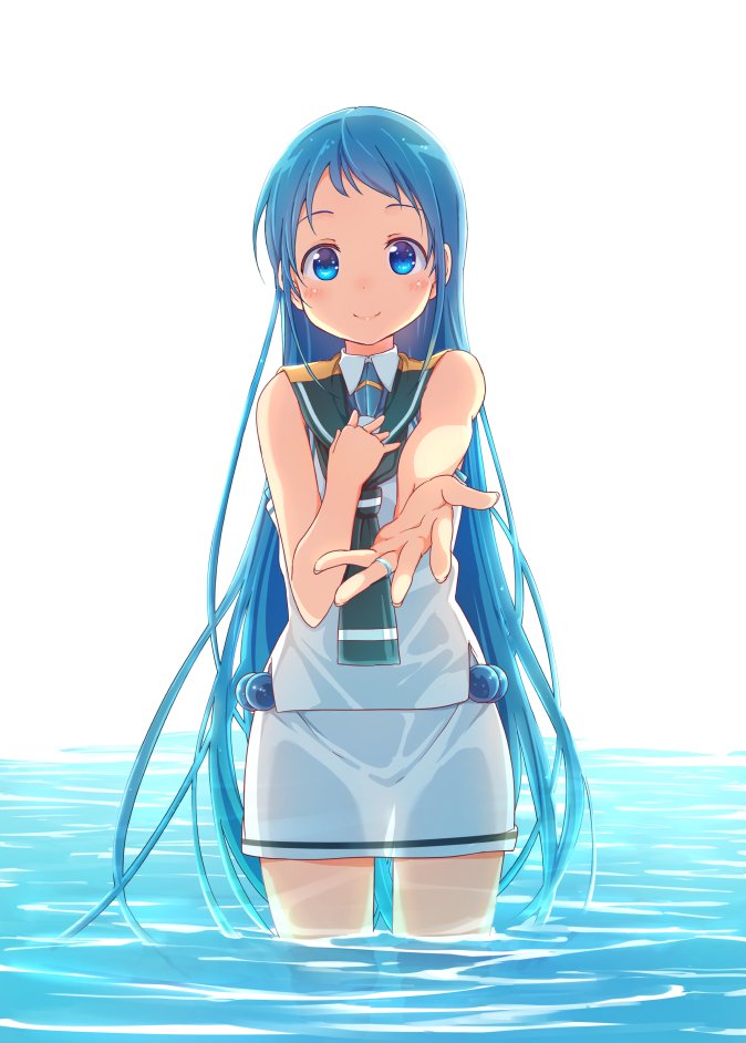 blue_eyes blue_hair hand_on_own_chest jewelry kantai_collection long_hair looking_at_viewer oge_(ogeogeoge) partially_submerged ring samidare_(kantai_collection) school_uniform serafuku simple_background sleeveless smile very_long_hair water wedding_ring wet wet_clothes