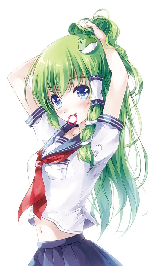 1girl alternate_costume arms_up blue_eyes blue_sailor_collar blue_skirt blush breast_pocket breasts commentary_request contemporary frog_hair_ornament green_hair hair_ornament hair_tie hair_tie_in_mouth hair_tubes kochiya_sanae long_hair looking_at_viewer midriff miyase_mahiro mouth_hold navel neckerchief pleated_skirt pocket red_neckwear sailor_collar school_uniform serafuku short_sleeves sidelocks simple_background skirt small_breasts smile snake_hair_ornament solo touhou tying_hair upper_body white_background white_serafuku