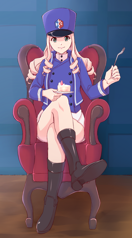 1girl armchair bc_freedom_(emblem) bc_freedom_military_uniform black_footwear blonde_hair blue_headwear blue_jacket blue_vest boots cake chair closed_mouth commentary crossed_legs dress_shirt drill_hair egooo emblem food fork full_body girls_und_panzer green_eyes hat high_collar holding holding_fork holding_saucer indoors jacket long_hair long_sleeves looking_at_viewer marie_(girls_und_panzer) military military_hat military_uniform miniskirt pleated_skirt shako_cap shirt sitting skirt smile solo uniform vest white_shirt white_skirt