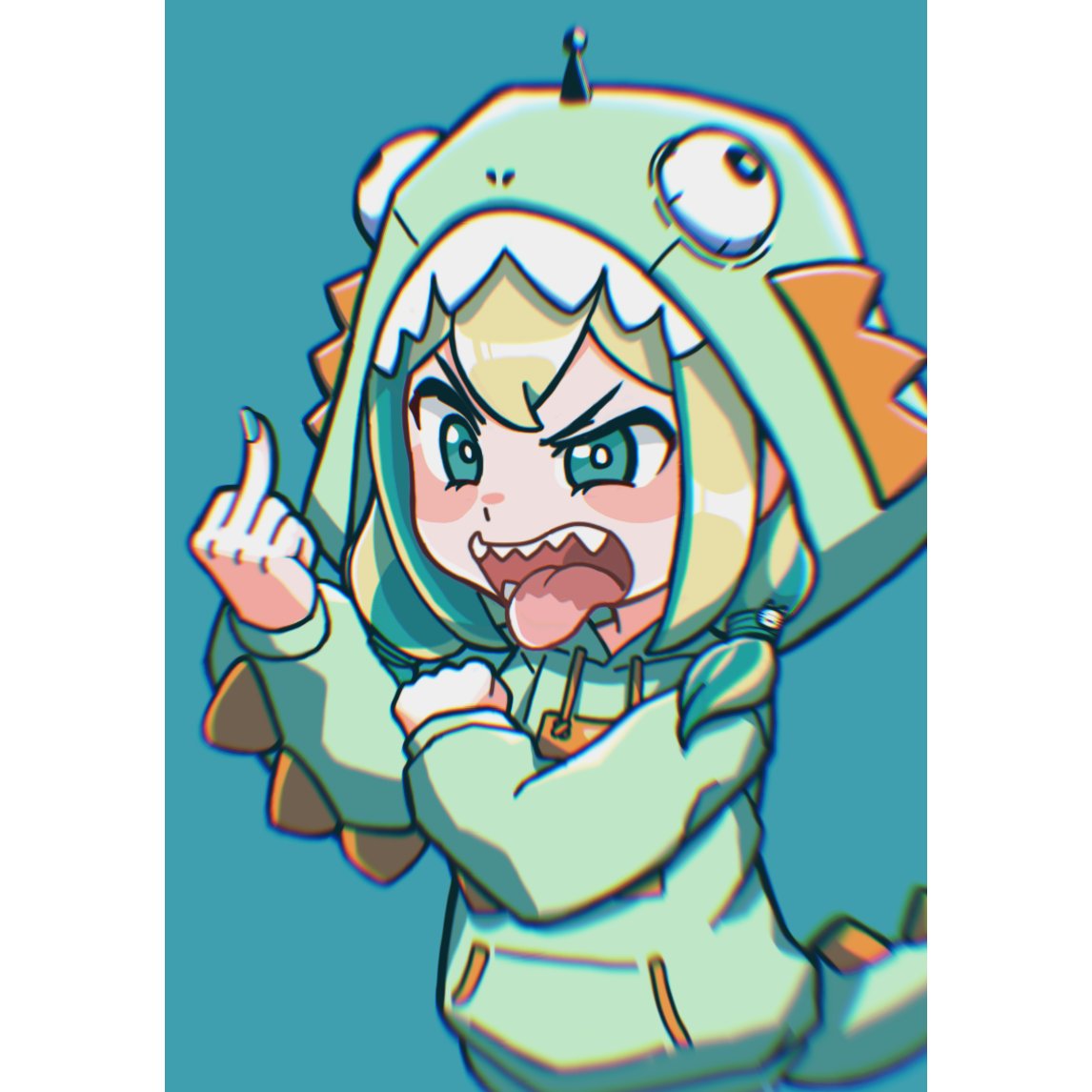 1girl amano_pikamee angry blonde_hair child english_commentary eyebrows_visible_through_hair green_eyes hair_between_eyes hand_up hood hood_up long_sleeves middle_finger mojongsap28 open_mouth pocket sharp_teeth solo teeth tongue tongue_out two-tone_background upper_body v-shaped_eyebrows virtual_youtuber voms