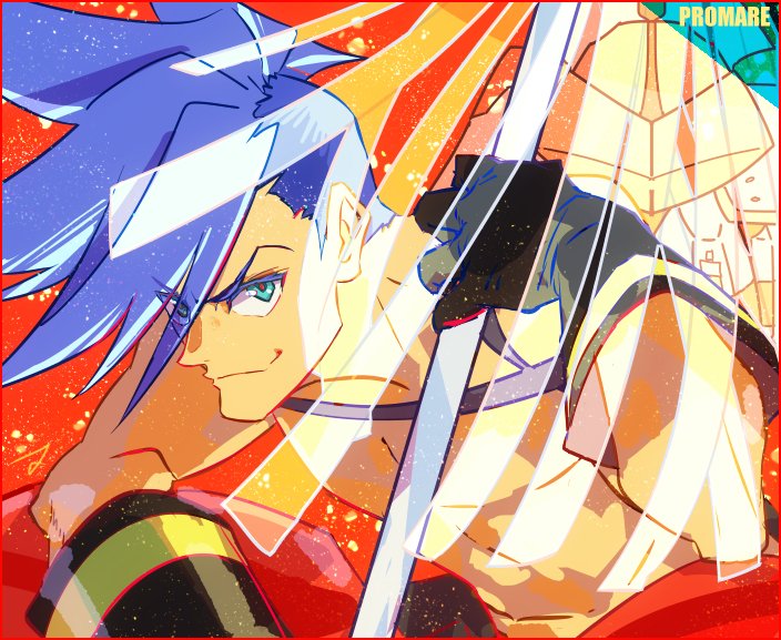 1boy baggy_pants blue_eyes blue_hair chest galo_thymos gloves looking_at_viewer male_focus matahei matoi pants promare shirtless smile spiky_hair