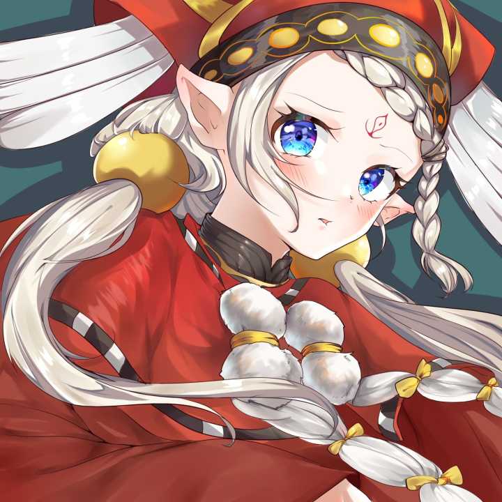 1girl blue_eyes blush braid cop_craft:_dragnet_mirage_reloaded facial_mark forehead_mark guzangnanfeng hair_ornament jewelry long_hair looking_at_viewer pointy_ears red_headwear simple_background solo standing tilarna_exedilika twintails upper_body very_long_hair white_hair
