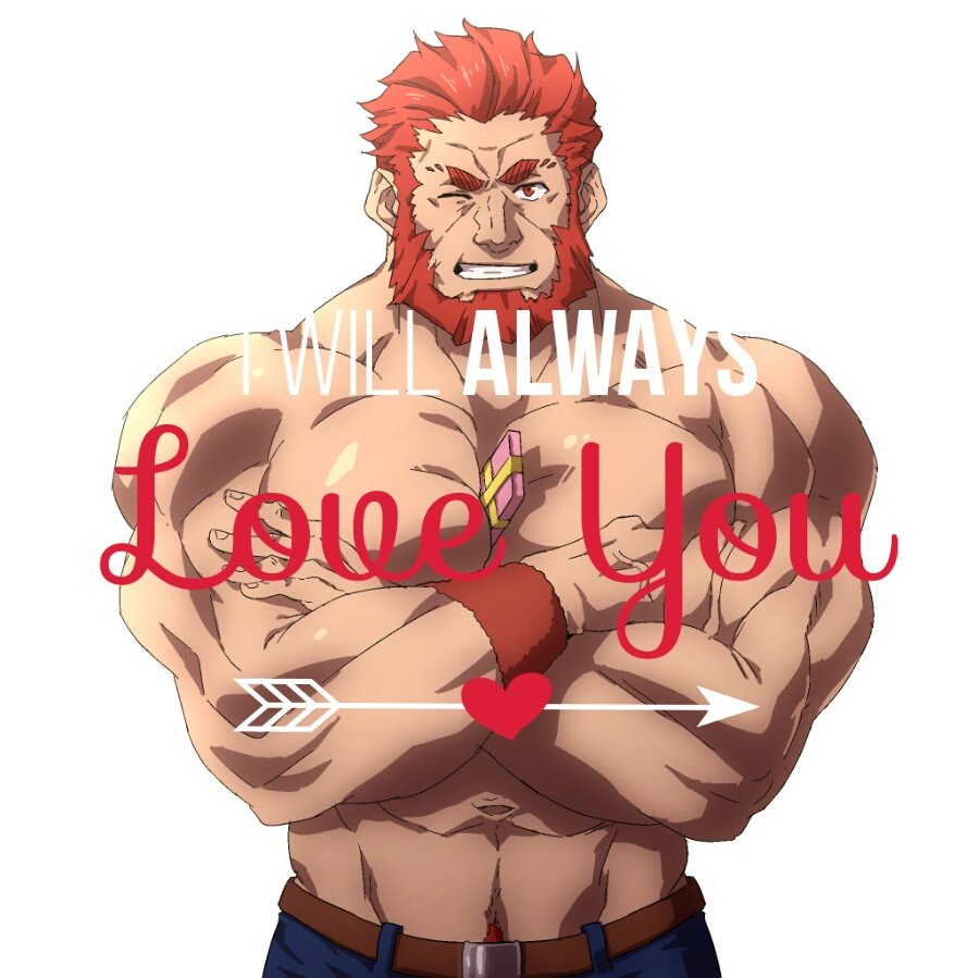 1boy abs bara beard chest chocolate crossed_arms english_text facial_hair fate/grand_order fate_(series) heart konohanaya looking_at_viewer male_focus muscle one_eye_closed pants pectoral_press pectorals pubic_hair red_eyes redhead rider_(fate/zero) simple_background smile solo topless white_background