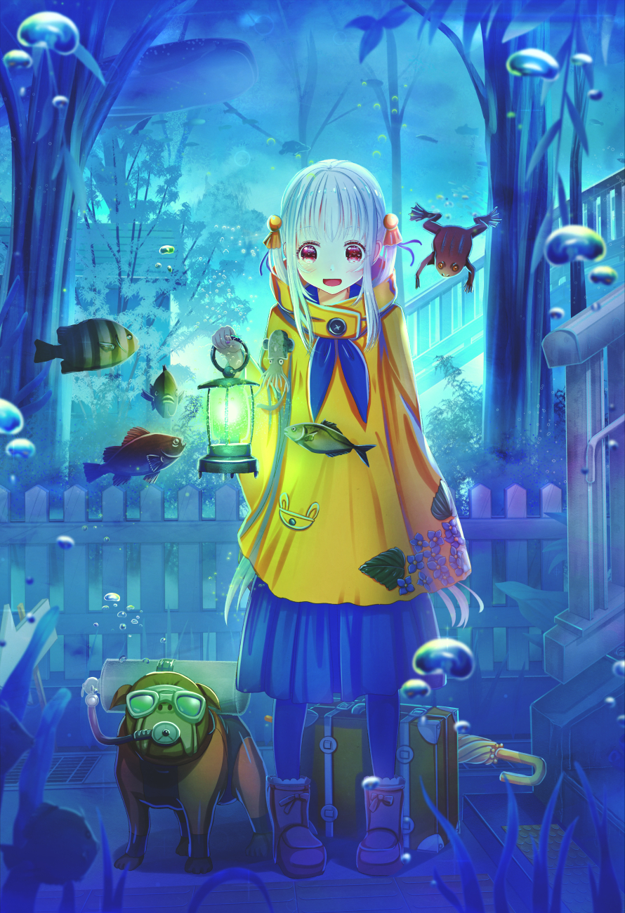 1girl :d abo_(kawatasyunnnosukesabu) air_bubble angelfish blue_legwear blue_neckwear blue_skirt boots bubble commentary_request dog fence fish floral_print frog hair_ornament highres holding_lantern lantern long_hair neckerchief open_mouth original print_coat raincoat red_eyes scuba_gear scuba_tank sidelocks skirt smile solo standing suitcase tree two_side_up umbrella underwater underwater_city very_long_hair whale white_hair yellow_coat