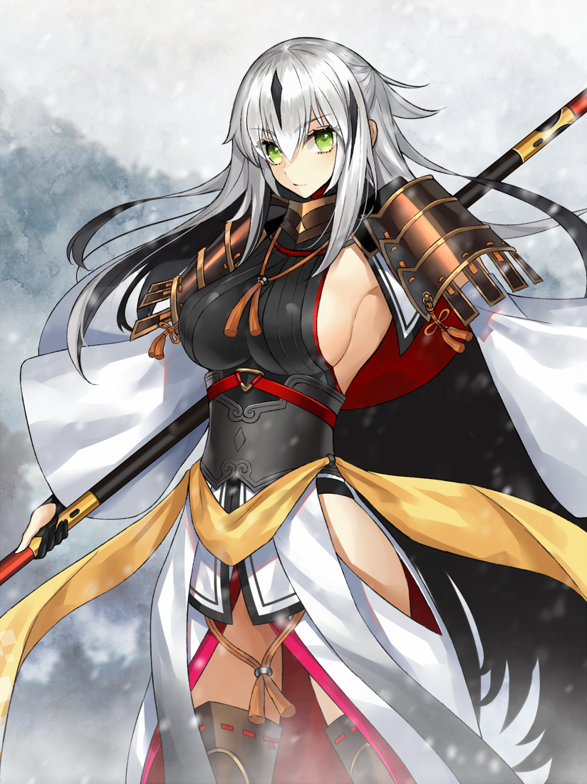 1girl armor armored_dress bangs black_armor black_gloves black_hair black_legwear black_shirt breasts capelet closed_mouth crop_top detached_sleeves ero_waifu fate/grand_order fate_(series) gloves gorget hair_between_eyes japanese_armor kote large_breasts long_hair looking_at_viewer midriff multicolored_hair nagao_kagetora_(fate) navel partly_fingerless_gloves polearm shirt shoulder_armor side_slit sideboob skirt sode solo spear streaked_hair thigh-highs thighs two-tone_hair very_long_hair weapon white_capelet white_hair white_skirt white_sleeves wide_sleeves yellow_eyes yellow_sash