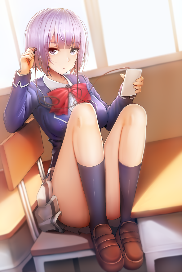 1girl bangs black_legwear blazer blue_jacket blunt_bangs blurry_foreground boku_no_kanojo_ga_majimesugiru_shojo_bitch_na_ken breasts brown_footwear classroom closed_mouth collarbone day desk dress_shirt earphones earphones expressionless eyebrows_visible_through_hair feet_on_chair ginhaha hands_up holding holding_earphone holding_phone indoors jacket knees_up kousaka_akiho large_breasts loafers long_sleeves looking_at_viewer phone pleated_skirt purple_hair red_neckwear school_uniform shiny shiny_hair shirt shoes short_hair skirt socks solo sunlight thighs violet_eyes white_shirt white_skirt window