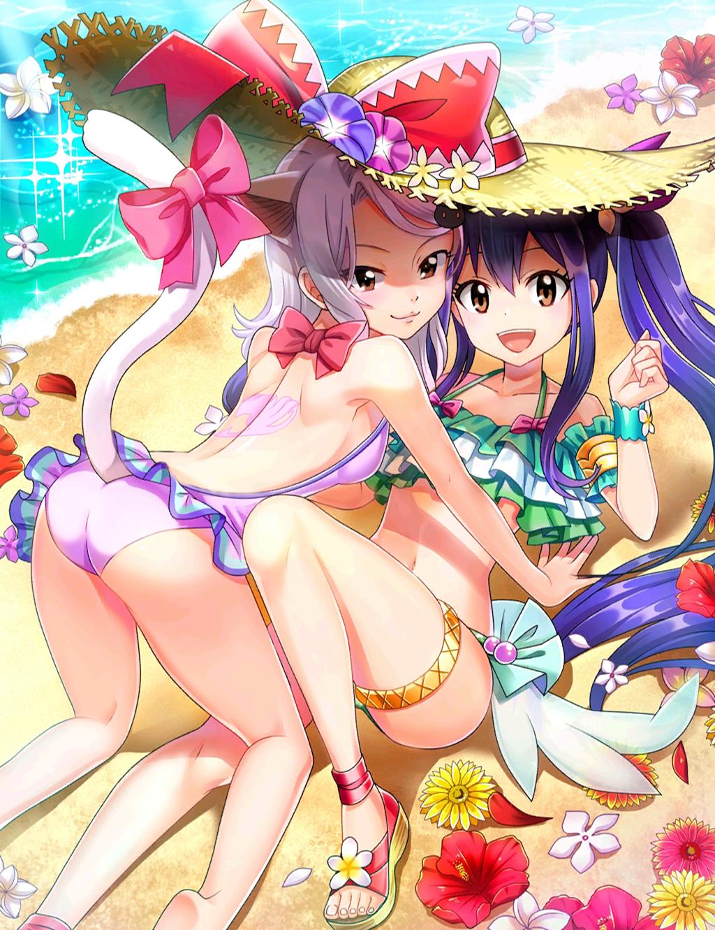 2girls :3 :d a-1_pictures adorable all_fours animal_ears arm_strap backless_swimsuit barefoot beach bikini blue_flower blue_hair bow breasts brown_eyes cat_ears cat_tail charle_(fairy_tail) closed_mouth cute fairy_tail floating_hair flower gijinka green_bikini hair_between_eyes hair_bow hat hat_bow hat_flower highres kodansha long_hair looking_at_viewer multiple_girls open_mouth outdoors personification pink_bow pink_swimsuit purple_bow purple_flower red_bow shiny shiny_hair silver_hair small_breasts smile sparkle straw_hat summer sun_hat swimsuit tail tail_bow thighlet twintails very_long_hair wendy_marvell yellow_headwear