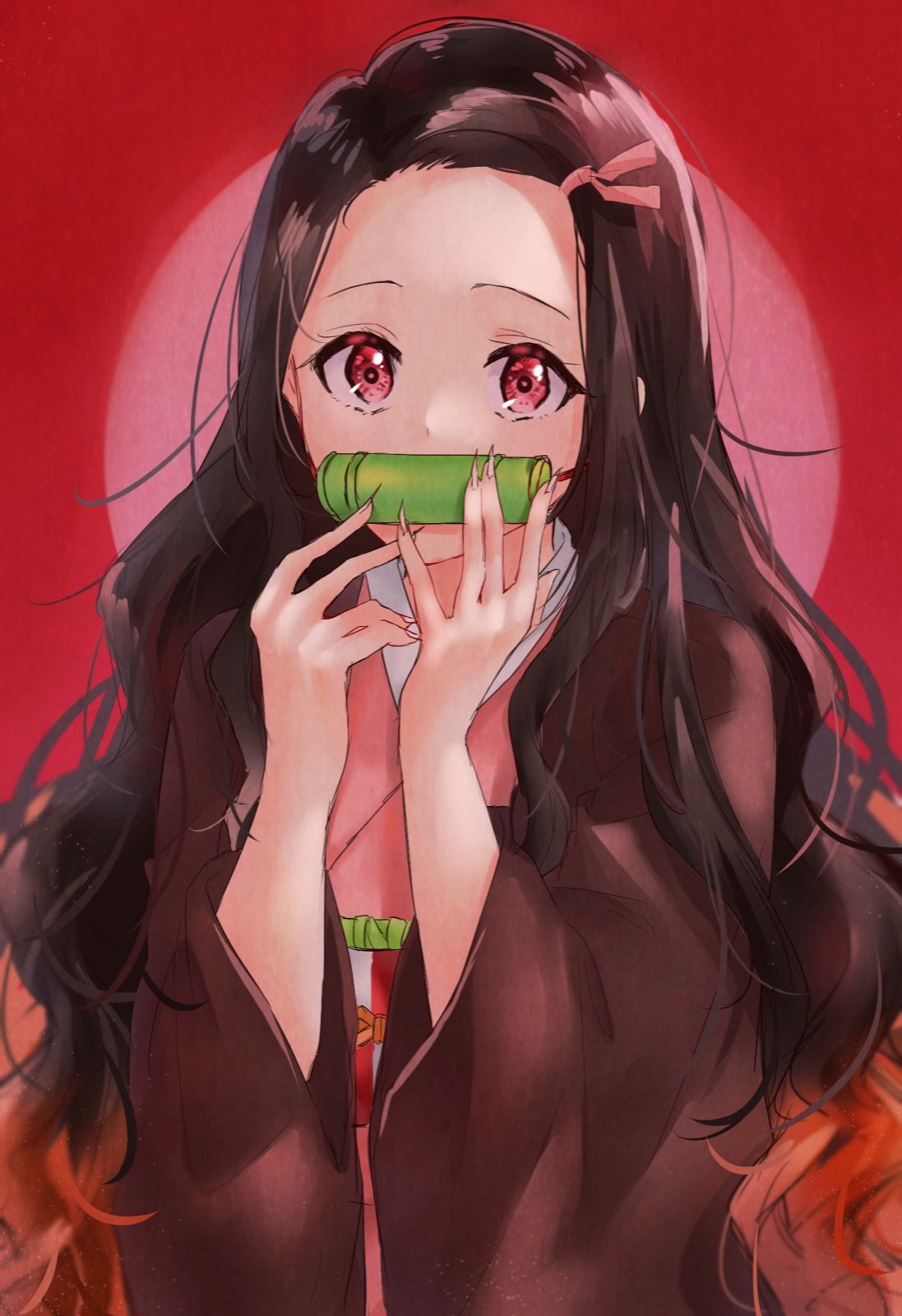 1girl black_hair black_jacket brown_hair fingernails gag hair_ribbon haori highres jacket japanese_clothes kamado_nezuko kimetsu_no_yaiba kimono long_fingernails long_hair long_sleeves minori_748 multicolored_hair no_bangs pink_kimono pink_ribbon red_background red_eyes ribbon solo two-tone_hair upper_body